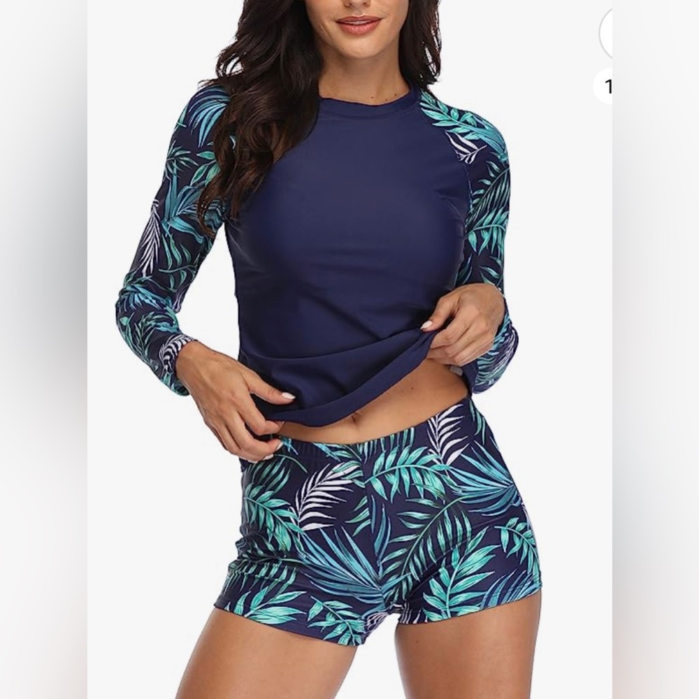 Two Piece Rash Guard Long Sleeve UV UPF 50+ Swim Shirt with Boyshort Bottoms